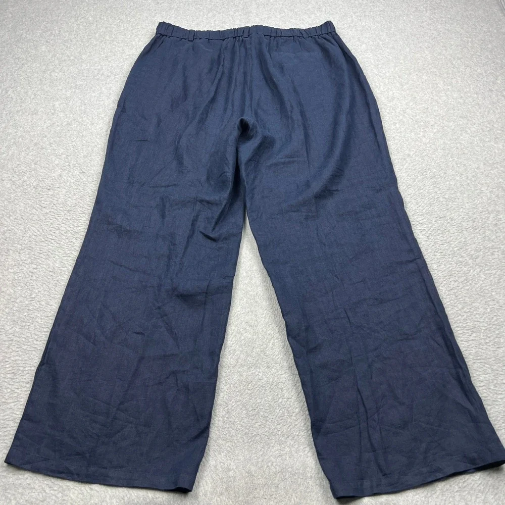 Quince Pleated Trouser Womens 16 Navy 100%  European Linen Wide Leg Elastic Back